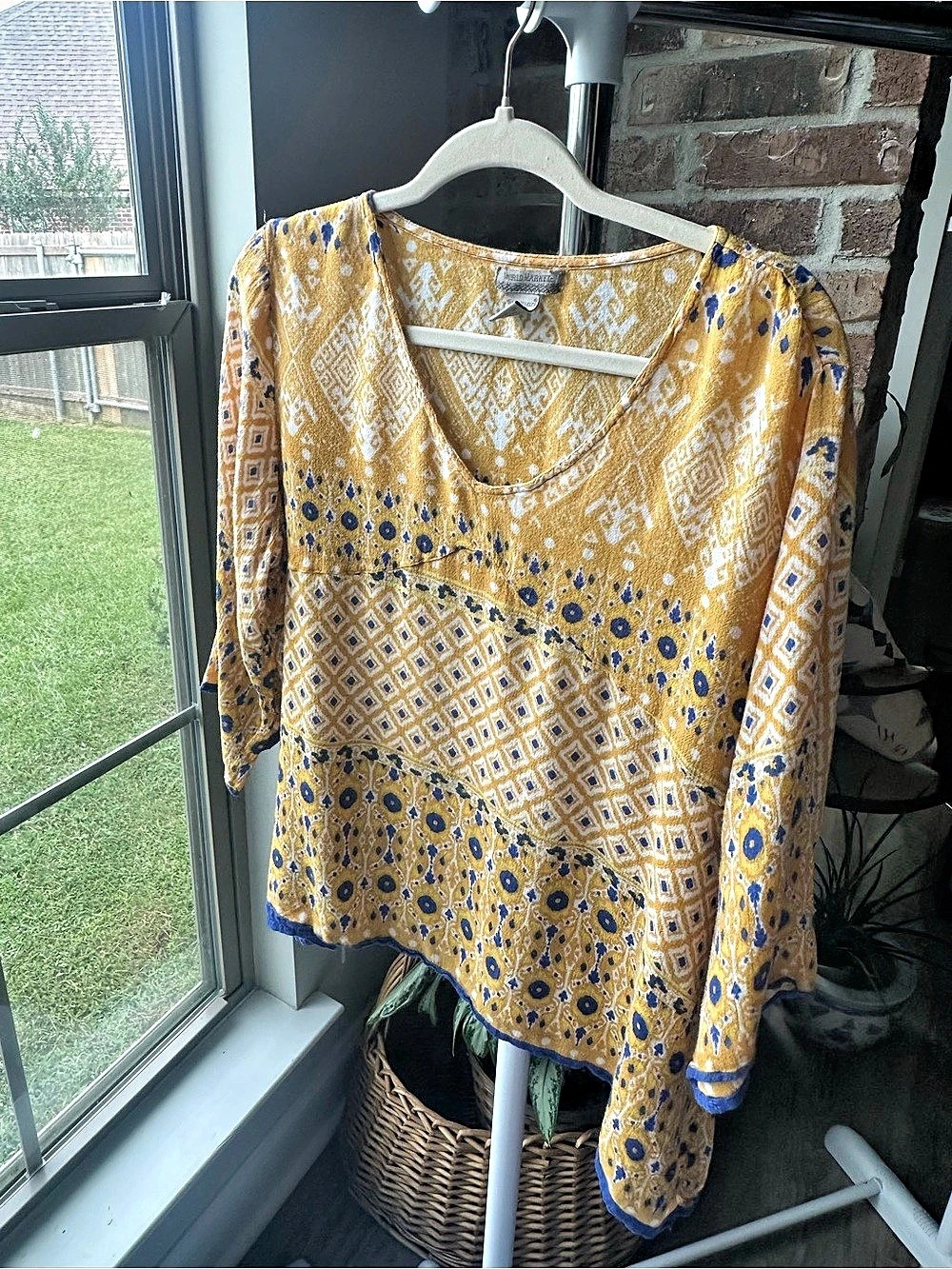 World Market Geometric Tunic Gold & Blue Size L/XL